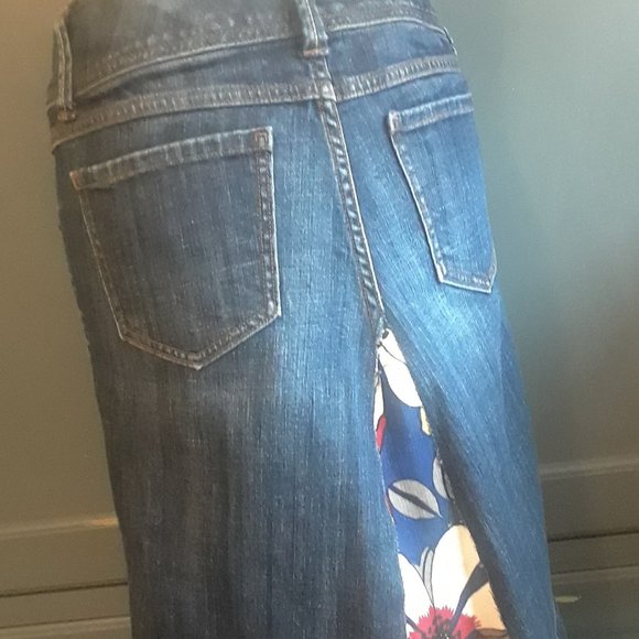 Skirt Denim - Embellished with Vintage Fabric - Size 6 - Picture 2 of 8